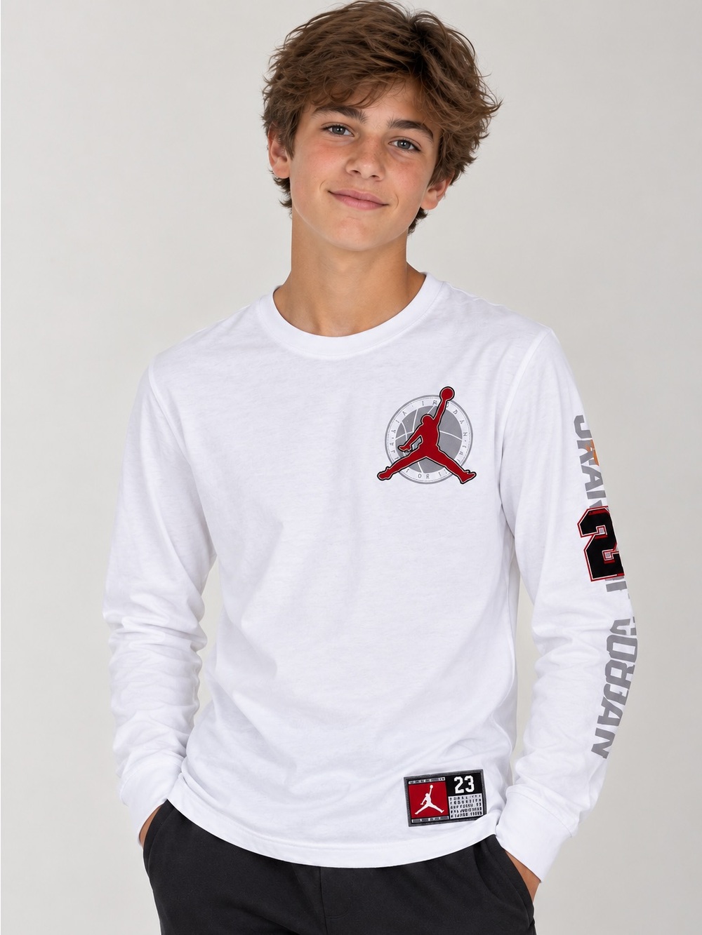 Jordan White Long-Sleeve Jumpman Logo Tee with Red Accents